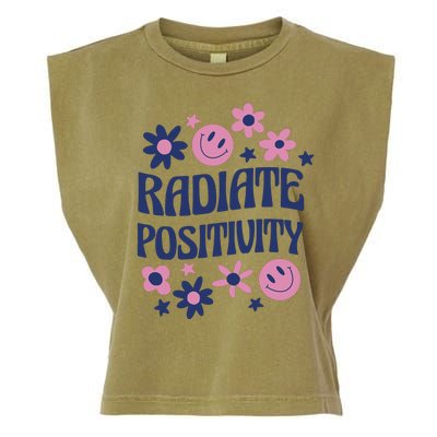 Radiate Positivity Retro Smiley Floral Quote Garment-Dyed Women's Muscle Tee