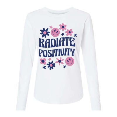 Radiate Positivity Retro Smiley Floral Quote Womens Cotton Relaxed Long Sleeve T-Shirt