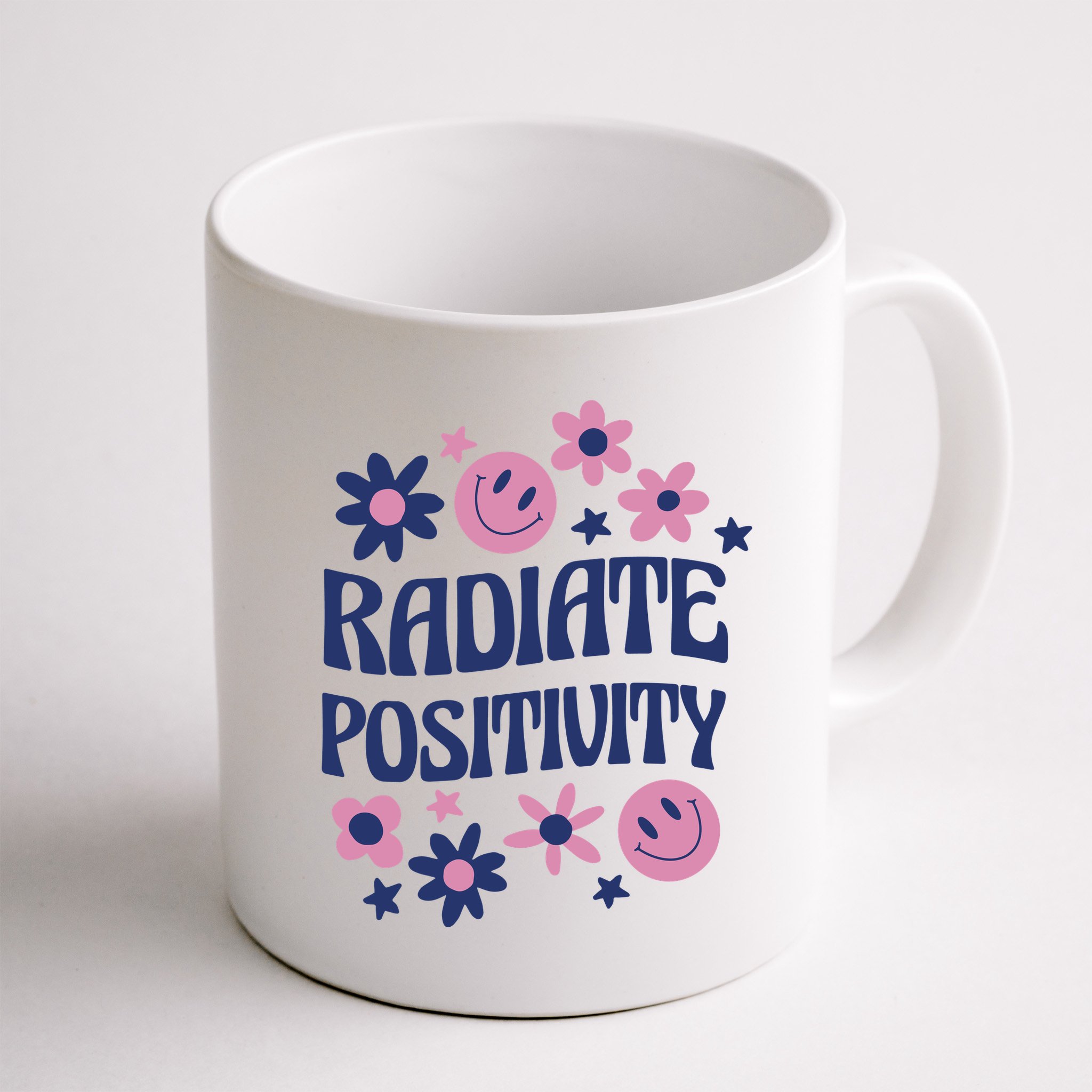 Radiate Positivity Retro Smiley Floral Quote Mug