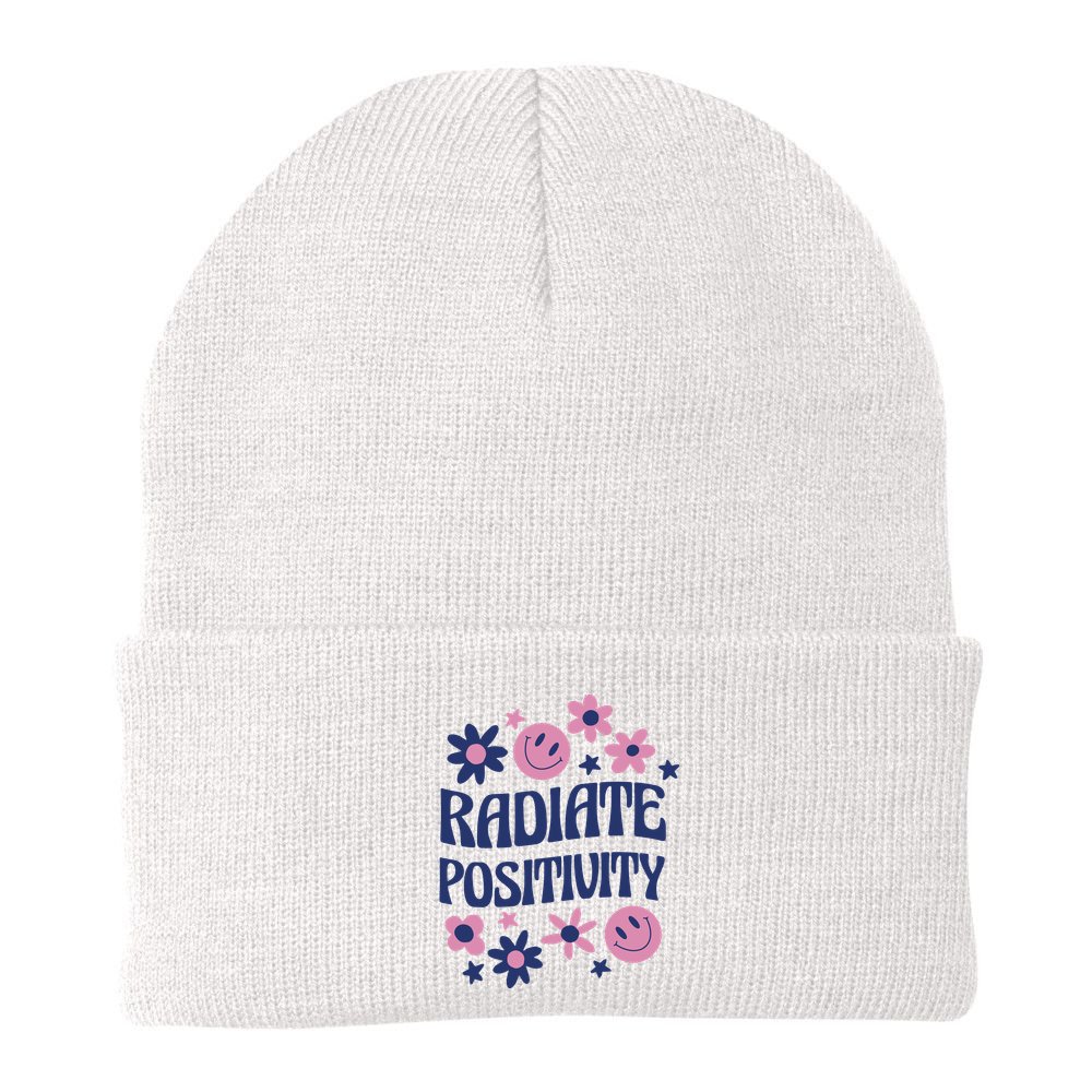 Radiate Positivity Retro Smiley Floral Quote Beanie