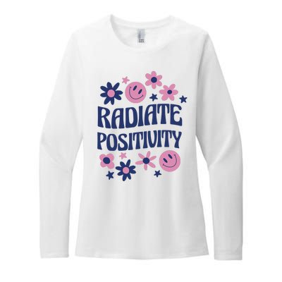 Radiate Positivity Retro Smiley Floral Quote Womens CVC Long Sleeve Shirt