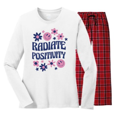 Radiate Positivity Retro Smiley Floral Quote Women's Long Sleeve Flannel Pajama Set 