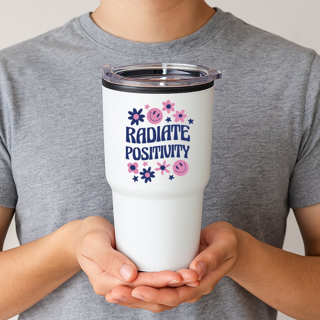 Radiate Positivity Retro Smiley Floral Quote Tumbler