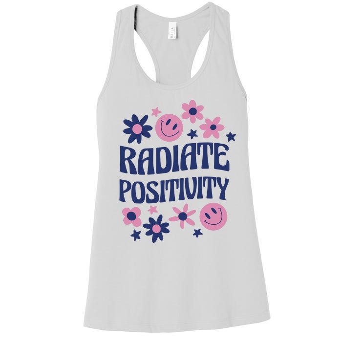 Radiate Positivity Retro Smiley Floral Quote Women's Racerback Tank