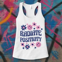 Radiate Positivity Retro Smiley Floral Quote Womens Tank Top
