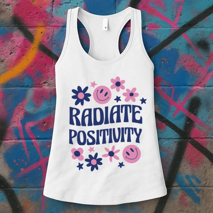 Radiate Positivity Retro Smiley Floral Quote Womens Tank Top