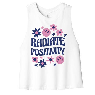 Radiate Positivity Retro Smiley Floral Quote Women's Racerback Cropped Tank