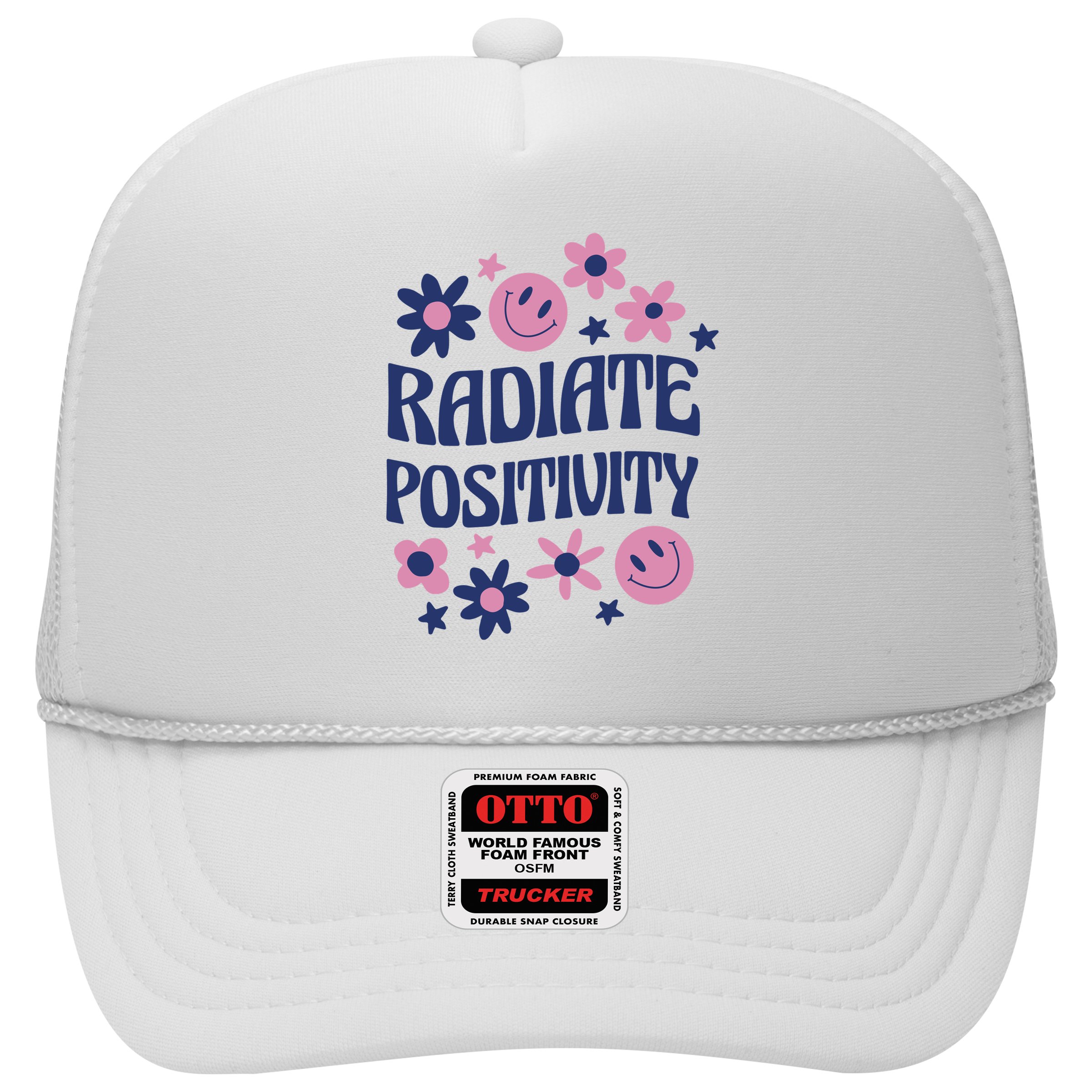 Radiate Positivity Retro Smiley Floral Quote Hat
