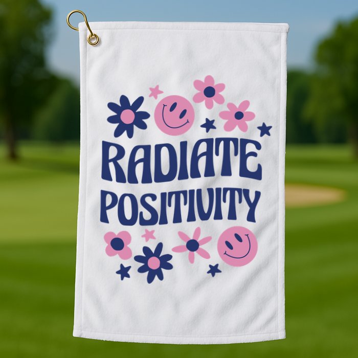 Radiate Positivity Retro Smiley Floral Quote Golf Towel