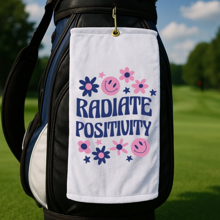 Radiate Positivity Retro Smiley Floral Quote Golf Towel