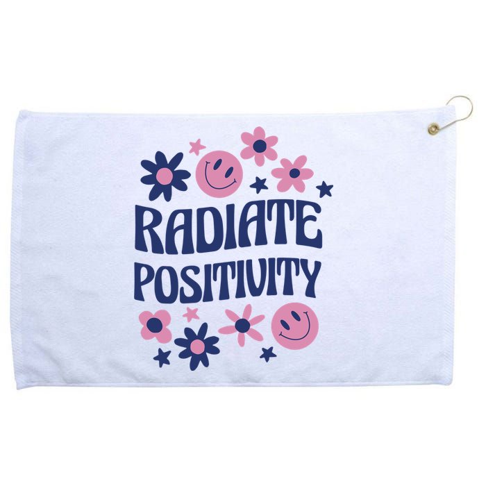 Radiate Positivity Retro Smiley Floral Quote Grommeted Golf Towel