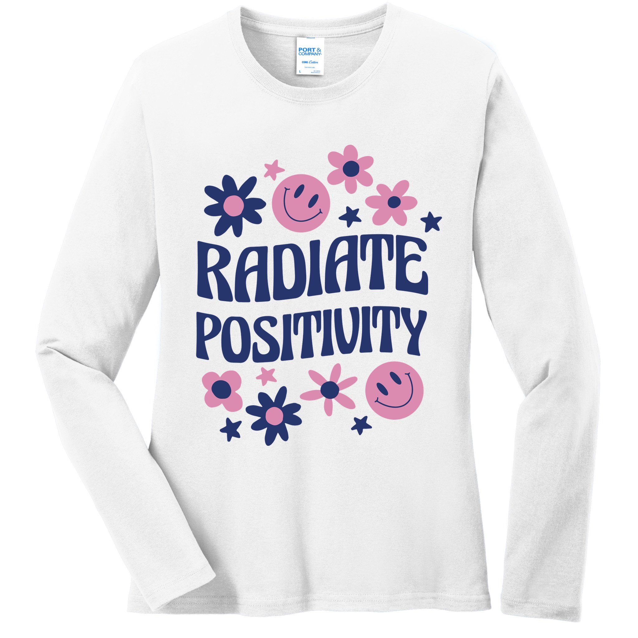 Radiate Positivity Retro Smiley Floral Quote Ladies Long Sleeve Shirt