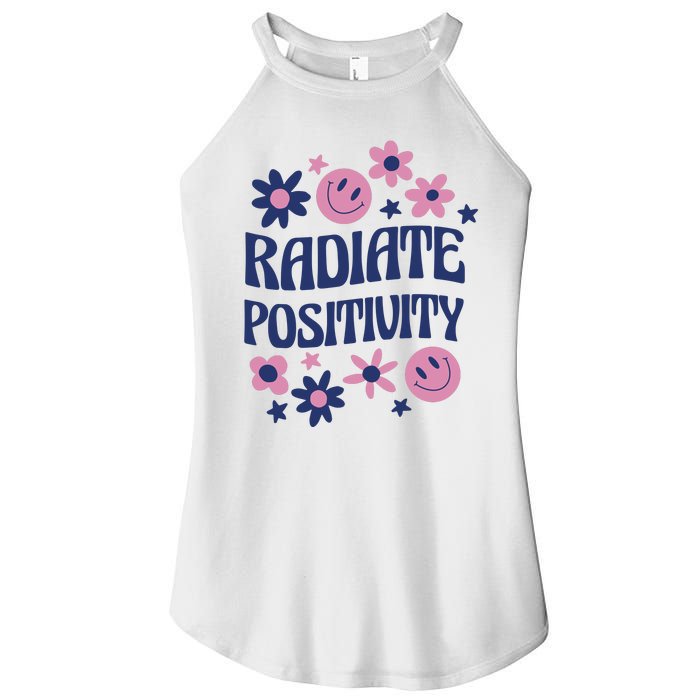 Radiate Positivity Retro Smiley Floral Quote Women's Perfect Tri Rocker Tank