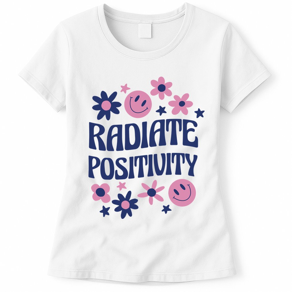 Radiate Positivity Retro Smiley Floral Quote Womens T-Shirt