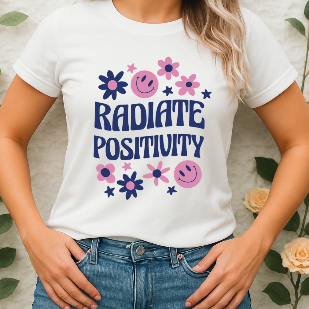 Radiate Positivity Retro Smiley Floral Quote Womens T-Shirt