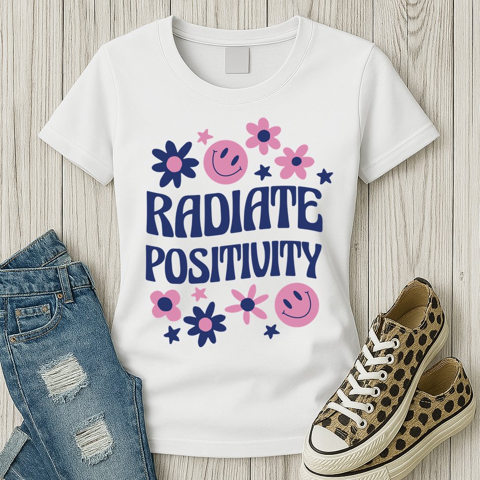 Radiate Positivity Retro Smiley Floral Quote Womens T-Shirt