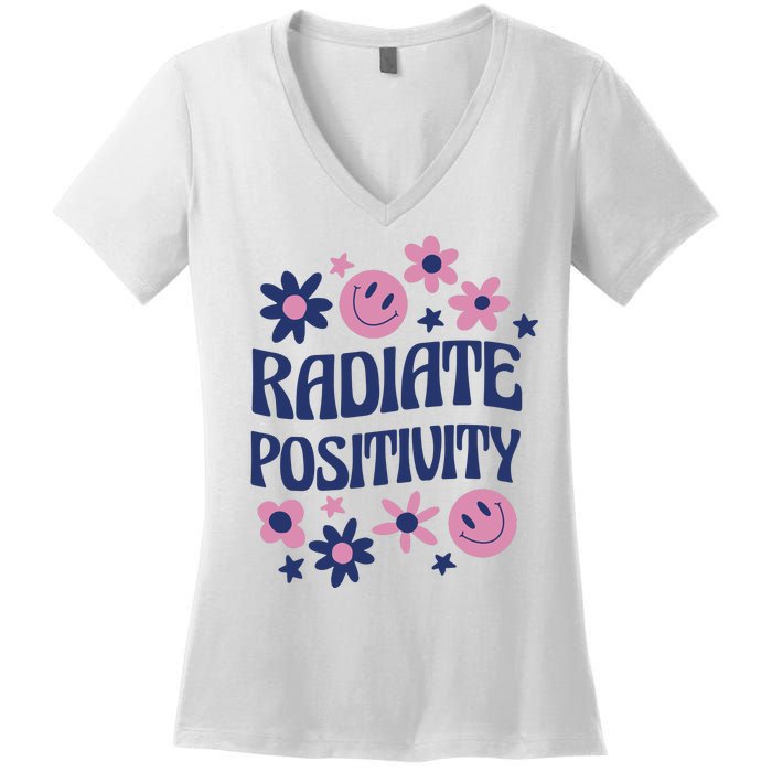 Radiate Positivity Retro Smiley Floral Quote Women's V-Neck T-Shirt