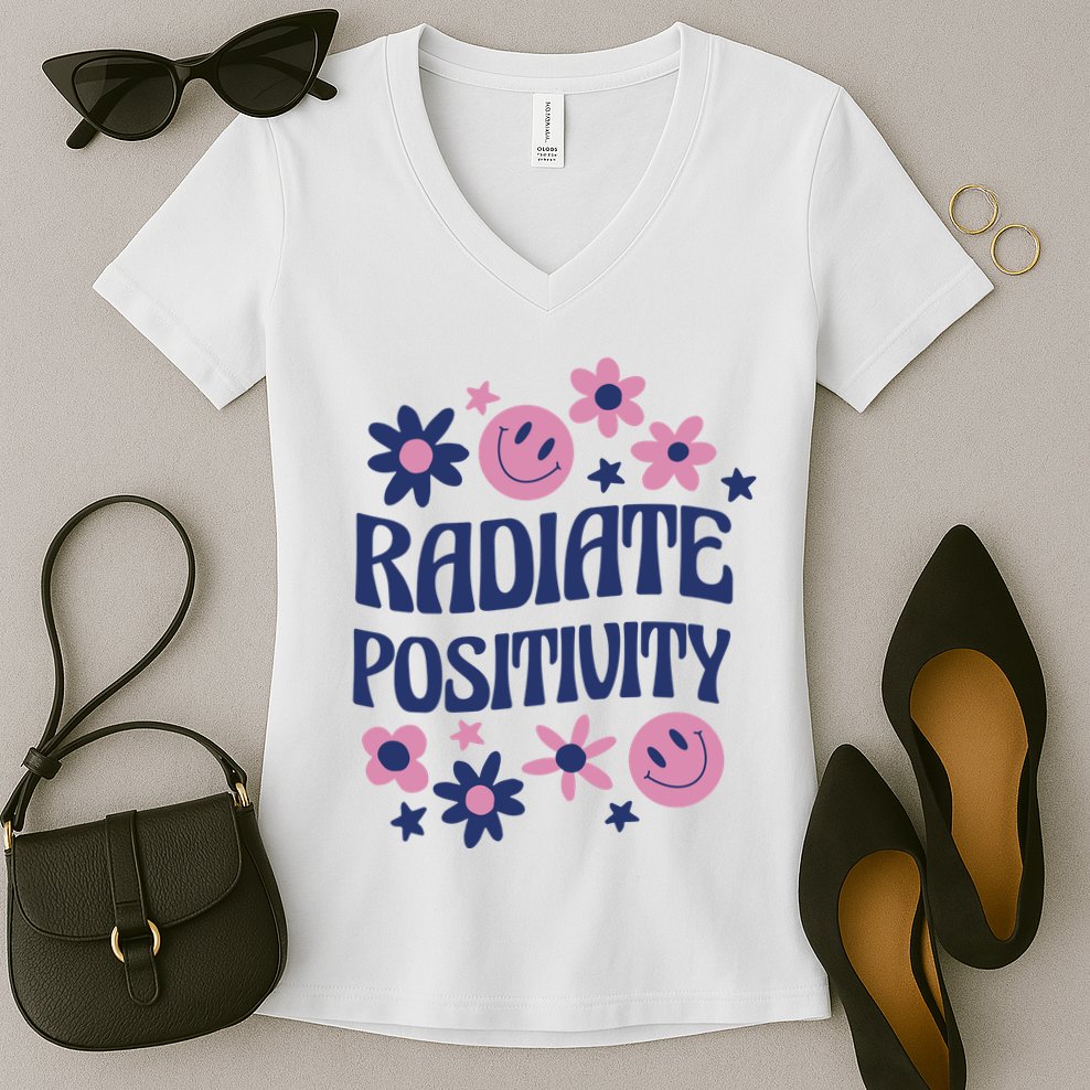 Radiate Positivity Retro Smiley Floral Quote Women's V-Neck T-Shirt