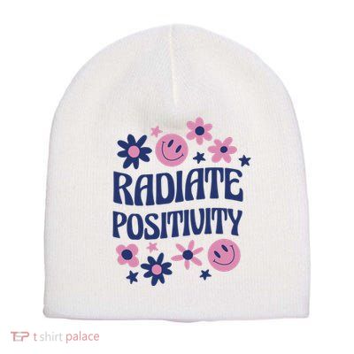 Radiate Positivity Retro Smiley Floral Quote Short Acrylic Beanie