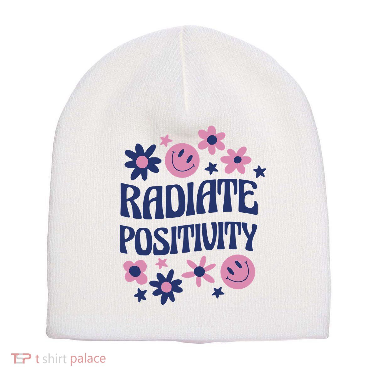 Radiate Positivity Retro Smiley Floral Quote Short Acrylic Beanie