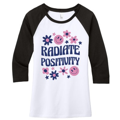 Radiate Positivity Retro Smiley Floral Quote Women's Tri-Blend 3/4-Sleeve Raglan Shirt