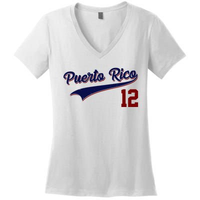 Retro Puerto Rico 12 Beisbol Jersey Boricua Baseball Women's V-Neck T-Shirt