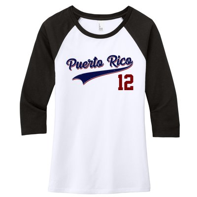 Retro Puerto Rico 12 Beisbol Jersey Boricua Baseball Women's Tri-Blend 3/4-Sleeve Raglan Shirt