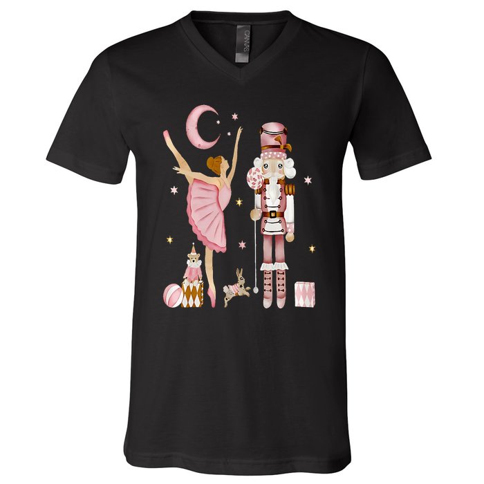 Retro Pink Sugar Plum Fairy Nutcracker Christmas Cute Xmas V-Neck T-Shirt