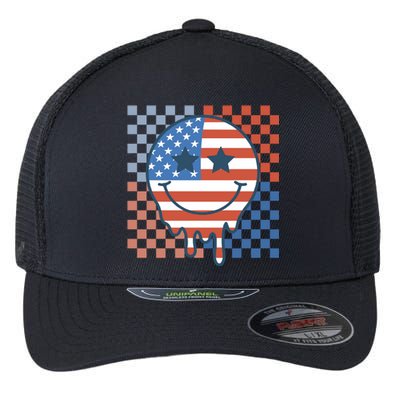 Retro Patriotic Smile Face America Flag Groovy 4th Of July Great Gift Flexfit Unipanel Trucker Cap