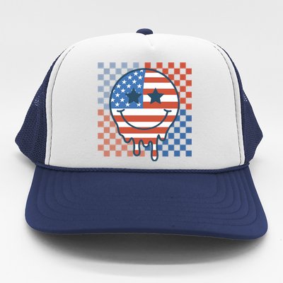 Retro Patriotic Smile Face America Flag Groovy 4th Of July Great Gift Trucker Hat