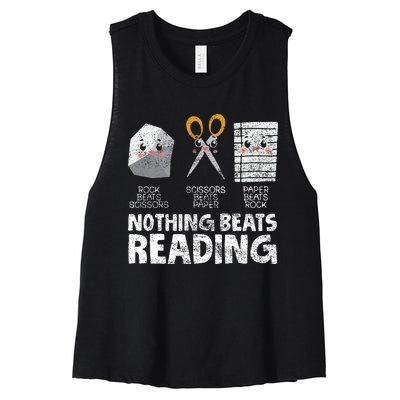 Rock Paper Scissor Reading Book Reading Teacher Bookworm Women's Racerback Cropped Tank