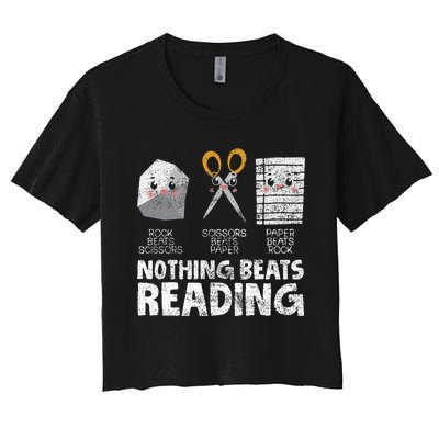 Rock Paper Scissor Reading Book Reading Teacher Bookworm Women's Crop Top Tee