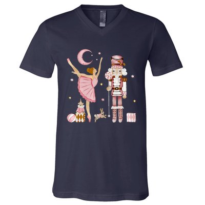 Retro Pink Sugar Plum Fairy Nutcracker Christmas V-Neck T-Shirt