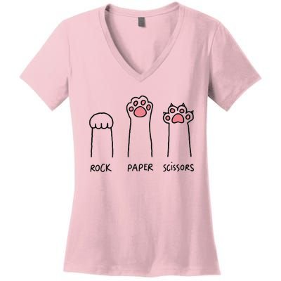 Rock Paper Scissors Hand Game Cute Paw Funny Cat Women's V-Neck T-Shirt