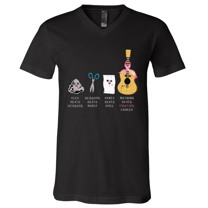 Rock Paper Scissors Guitar Fighting Cute Breast Cancer Gifts V-Neck T-Shirt