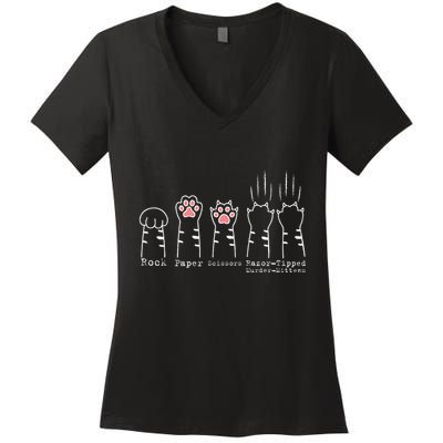 Rock Paper Scissors Cat Funny Kitten Cute Paw Women's V-Neck T-Shirt