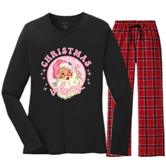 Retro Pink Santa Claus Pink Christmas Vibes Christmas Design Women's Long Sleeve Flannel Pajama Set 