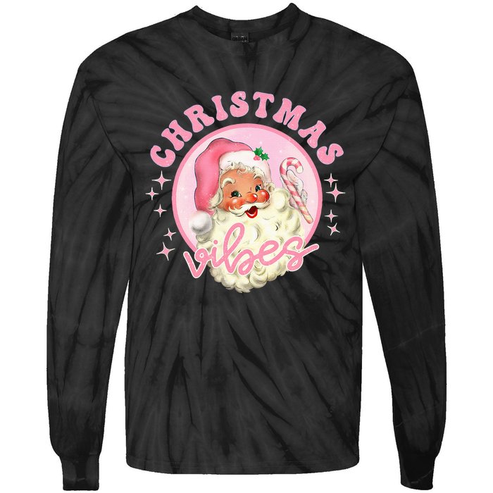 Retro Pink Santa Claus Pink Christmas Vibes Christmas Design Tie-Dye Long Sleeve Shirt