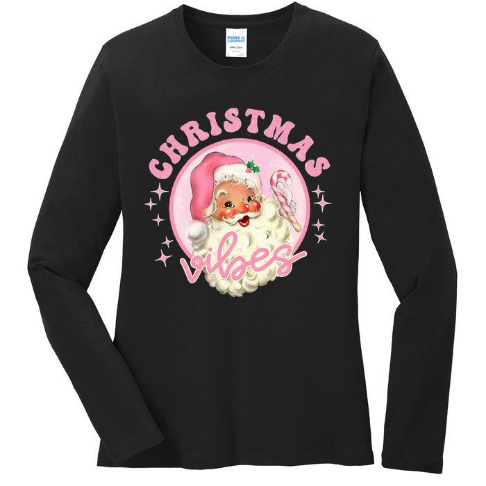 Retro Pink Santa Claus Pink Christmas Vibes Christmas Design Ladies Long Sleeve Shirt