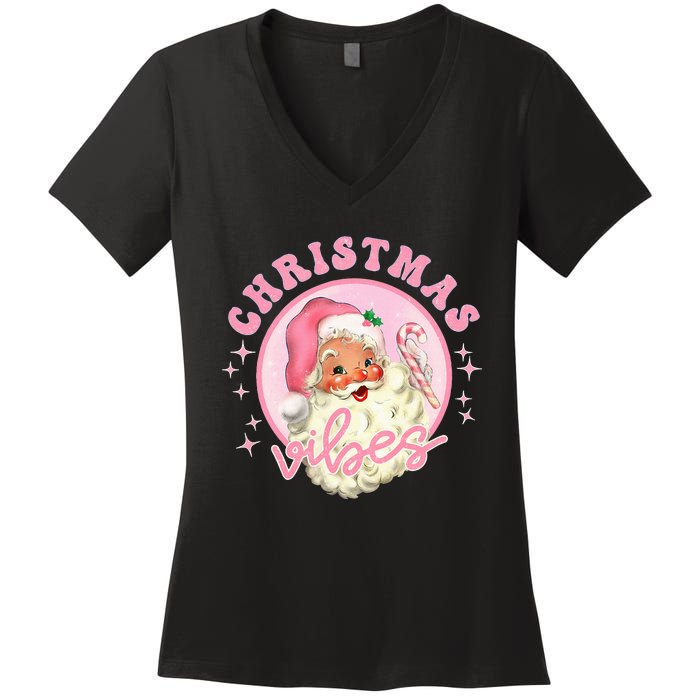 Retro Pink Santa Claus Pink Christmas Vibes Christmas Design Women's V-Neck T-Shirt