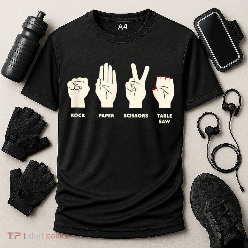Rock Paper Scissors Table Saw Funny Carpenter Contractor Performance Shirt