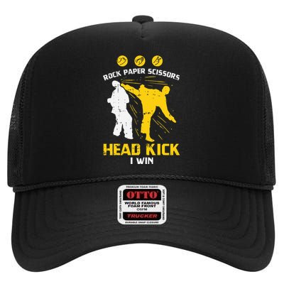 Rock Paper Scissors Headkick Win Funny Taekwondo Karate Gift  High Crown Mesh Back Trucker Hat