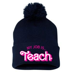 Retro Pink Style My Job Is Teach Teaching School For Teacher Gift Pom Pom 12in Knit Beanie