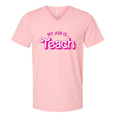 Retro Pink Style My Job Is Teach Teaching School For Teacher Gift V-Neck T-Shirt