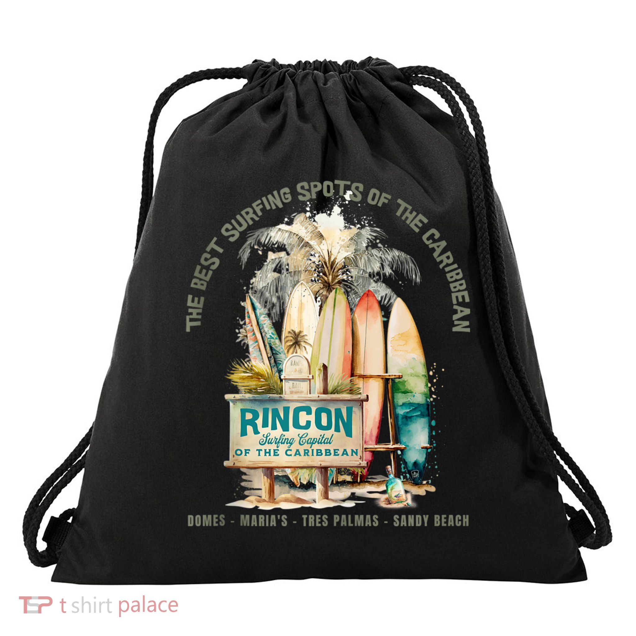 Rincon PR Surfing Capital Of The Caribbean Surfers Wipeout Drawstring Bag
