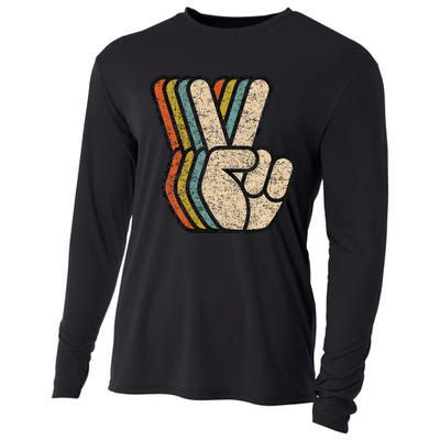 Retro Peace Sign V Fingers Vintage 60s 70s 80s Cool Cooling Performance Long Sleeve Crew