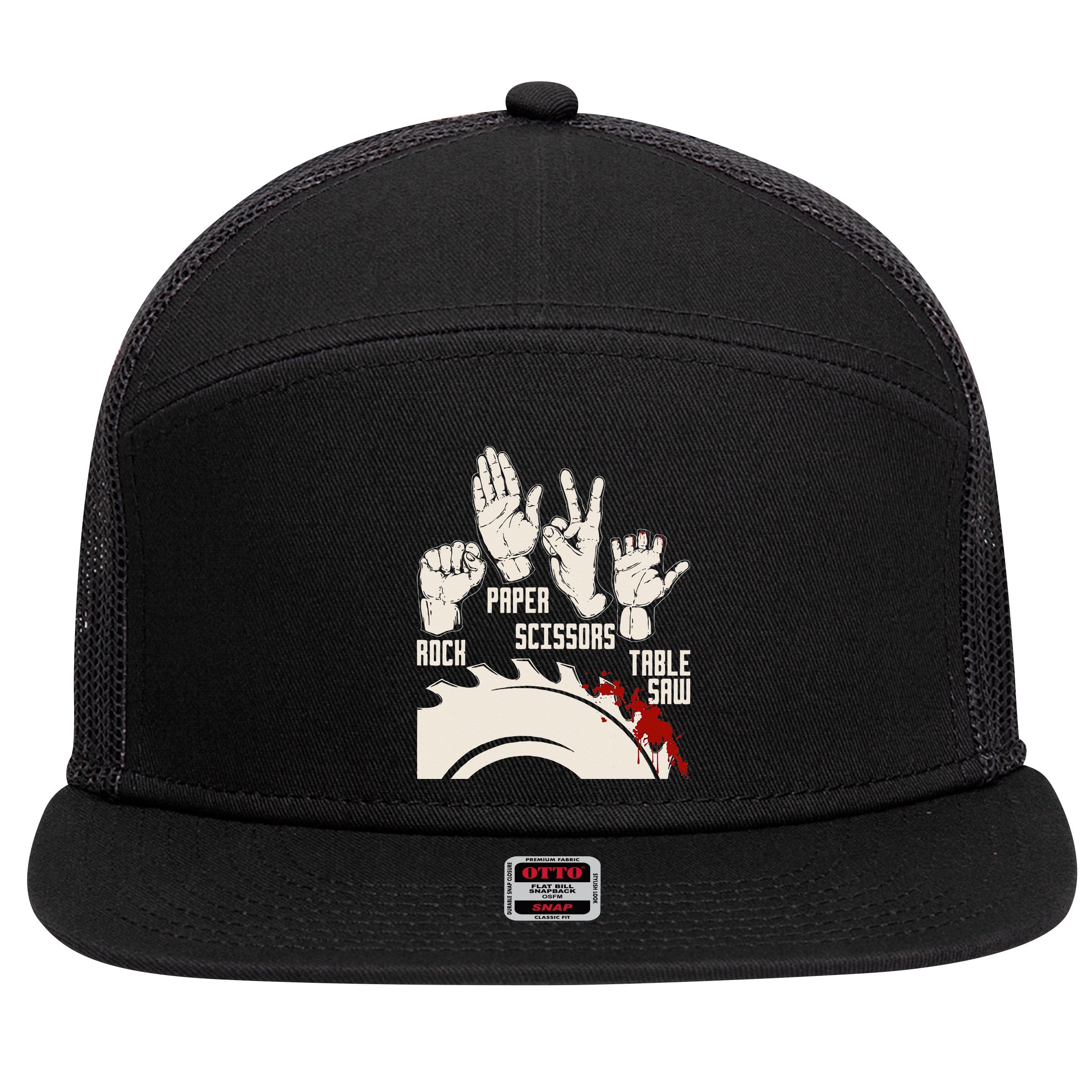 Rock Paper Scissors Table Saw Funny Woodworking Carpenter 7 Panel Mesh Trucker Snapback Hat