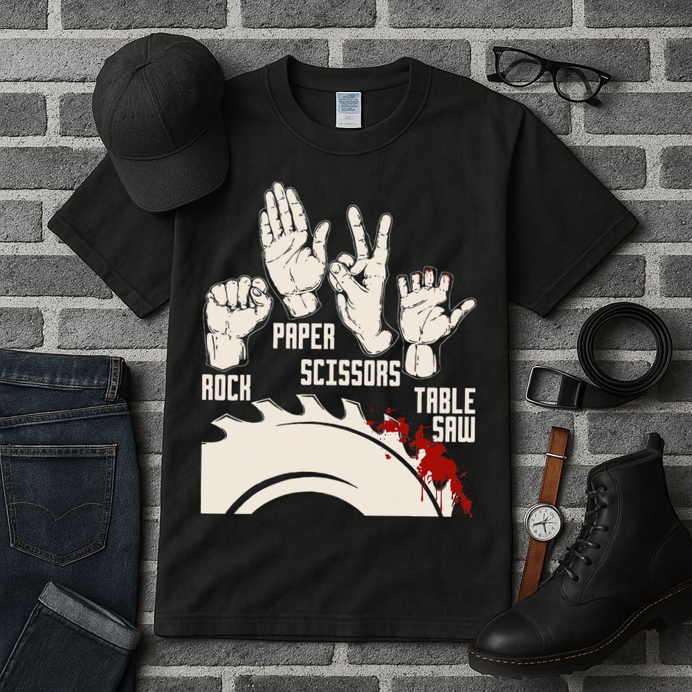 Rock Paper Scissors Table Saw Funny Woodworking Carpenter Tall T-Shirt