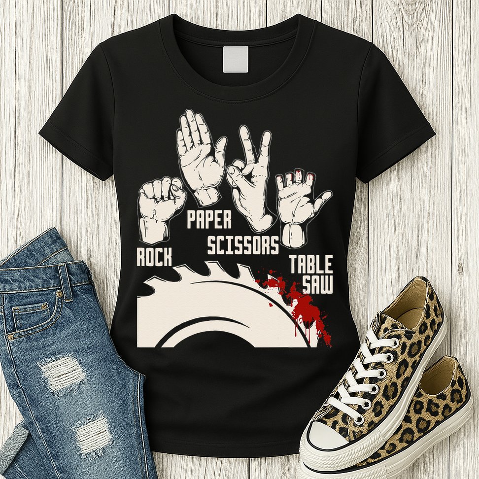 Rock Paper Scissors Table Saw Funny Woodworking Carpenter Womens T-Shirt