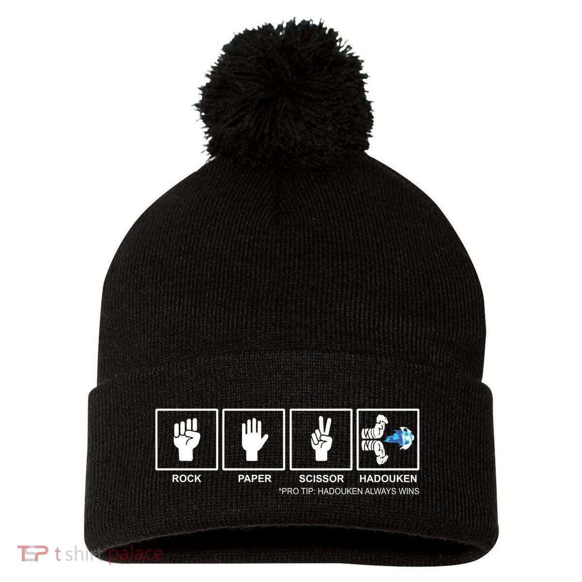 Rock Paper Scissor Hadouken Always Wins Pom Pom 12in Knit Beanie